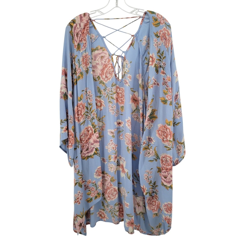 Billabong Womens Floral Kimono Wrap Light Blue Pink Lace Up Back Cardigan S/M